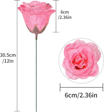 Pink Glitter Roses,30PCS Glitter Flowers Bouquet Artificial Roses with Stems for Wedding Party Christmas Home Decor(Pink with Silver Glitter)