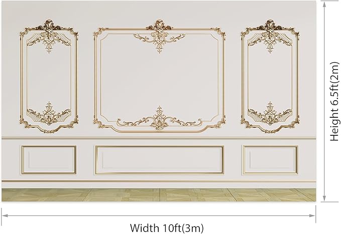 AOFOTO Vintage Room Inside Backdrop Modern French Classic Frame White Walls Gold Embossed Floral Photo Background Wedding Bridal Shower Reception Drama Portrait Photoshoot Backdrop Props 10x6.5ft