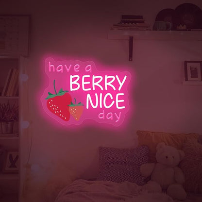Have A Berry Nice Day Neon Sign, Aesthetic Wall Art, Light up My Happy Place Sign for Encouraging Light, Vintage Strawberry Decor, Pink Led Light for Bedroom, Club, Gifts For Birthday, Christmas Party