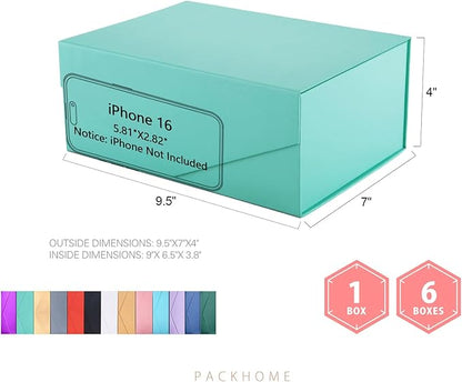 PACKHOME 6 Gift Boxes 9x6.5x3.8 Inches, Rectangle Collapsible Boxes with Magnetic Lids for Gift Packaging (Matte Turquoise, Grain Texture)
