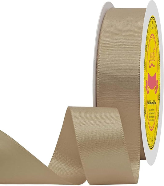 Tan Double Face Satin Ribbon 1 inch X 50 Yards Spool Bright Colors Very Suitable for Weddings Gift Package Wrapping Dancer Wand Sewing Party Hair Bow Invitation Decorations and More