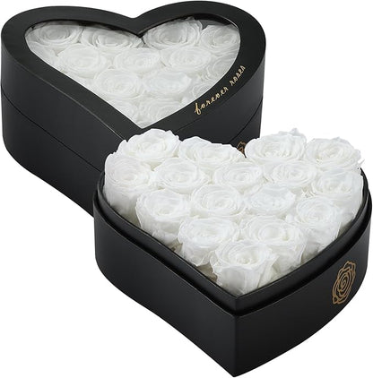 16 Forever Flowers in Heart Shaped Box - Preserved Roses Romantic Gifts for Her, Valentine’s Day, Anniversary, Wedding (White)