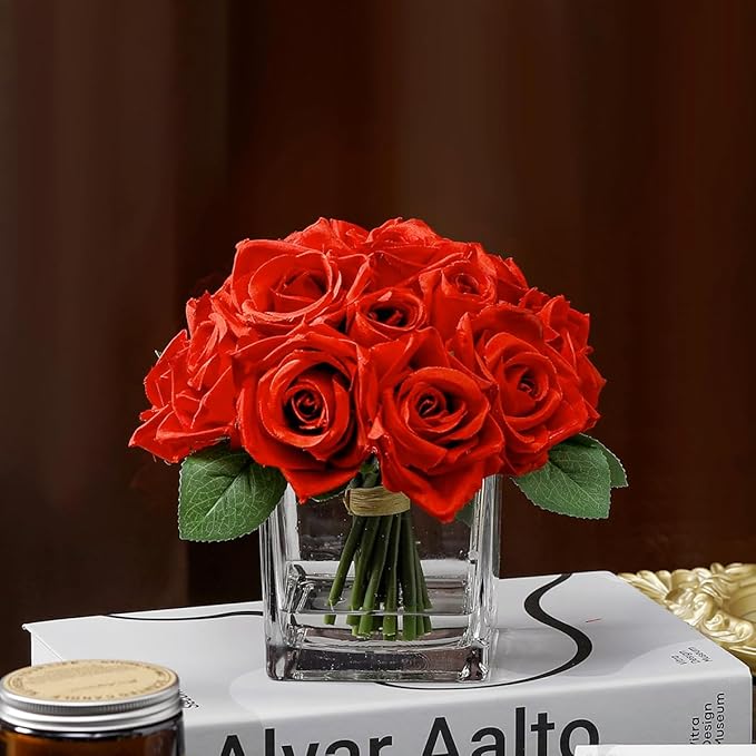 18 Heads Artificial Rose Flowers in Vase, Fake Rose Floral Arrangement in Vase with Fake Water for Dining Table Wedding Home Decor (Red)