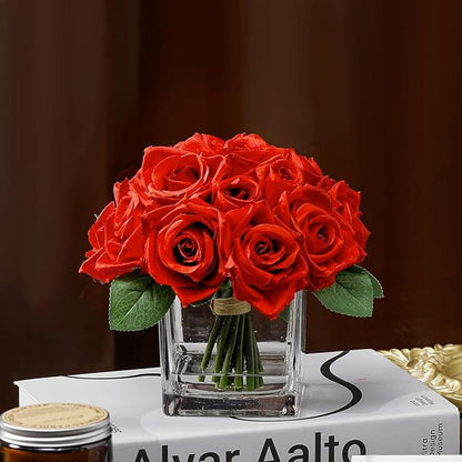 18 Heads Artificial Rose Flowers in Vase, Fake Rose Floral Arrangement in Vase with Fake Water for Dining Table Wedding Home Decor (Red)