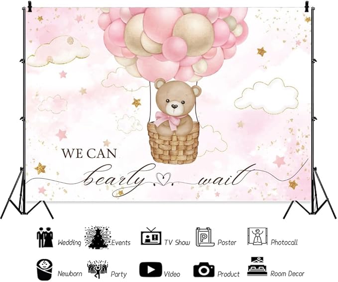 ChloropLastid We Can Bearly Wait Baby Backdrop Girl Bear Hot Air Balloon Baby Shower Photography Background Pink Balloons Clouds Stars Baby Party Cake Photo Decoration 7x5ft