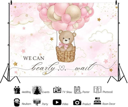 ChloropLastid We Can Bearly Wait Baby Backdrop 12x10ft Girl Bear Hot Air Balloon Baby Shower Photography Background Pink Balloons Clouds Stars Baby Party Cake Photo Decoration