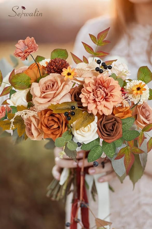 Serwalin Orange Fall Flowers for Decoration, Artificial Flower Centerpieces Decor Autumn Floral Arrangements, Fake Flower Boho Decor DIY Terracotta Flowers