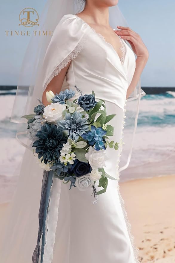 TINGE TIME 11 Inch Wedding Bouquets for Bride, Dustyblue Artificial Flowers Bouquet, Brides & Bridesmaids Bouquet for Wedding Anniversary Ceremony Bridal Shower Decorations