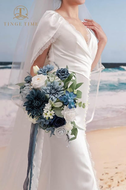TINGE TIME 11 Inch Wedding Bouquets for Bride, Dustyblue Artificial Flowers Bouquet, Brides & Bridesmaids Bouquet for Wedding Anniversary Ceremony Bridal Shower Decorations