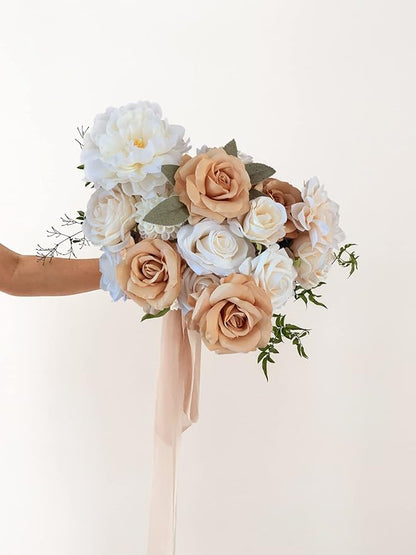 Roses Artificial Flowers Nude Bouquet Box Set for DIY Wedding Centerpieces for Table Bridal Baby Shower Decorations Party Home Decor Indoor Outdoor Faux Silk Floral Arrangements