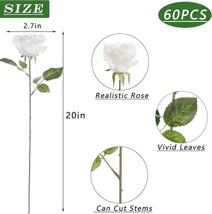 YXZZWL 60 Pcs Artificial Roses in Bulk, Fake Silk Roses Realistic Roses Stem Faux Roses Bouquet for Wedding Centerpieces Flower Arrangement Home Decor (White)