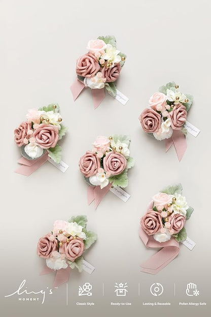 Ling's moment 6pcs Wedding Wrist Corsage Artificial Flowers, Girl/Mother Homecoming Prom Corsages Wristlet Décor, etc. Dusty Rose Pink