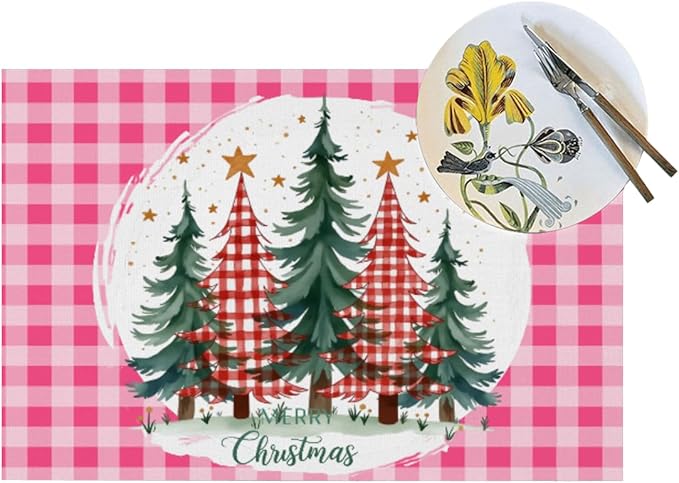 PVC Placemats Set of 1 Wipeable Table Mats Washable Heat Resistant Non Slip Vinyl Dining Table Mat for Kitchen Indoor Outdoor Patio Farmhouse Place Mats Pink Grid Christmas Tree Decorative