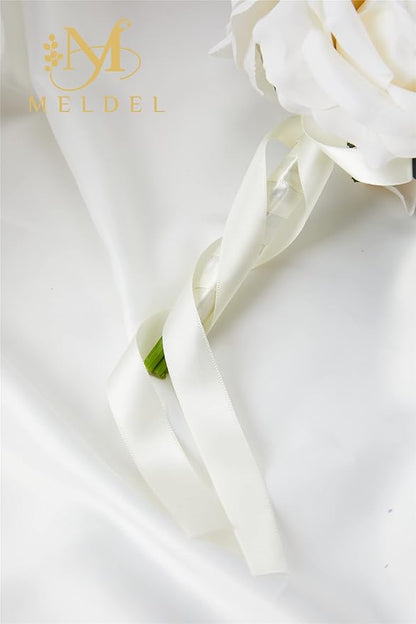 Meldel 6.5 Inch Ivory Bridesmaid Bouquet, Set of 6, Purple Wedding Bouquets for Bridesmaids, Small White Bridesmaids Bouquets