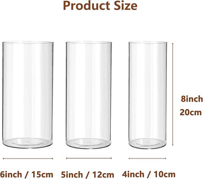 3 Pack Acrylic Cylinder Vases, Non-breakable Vase for Centerpieces, 8 inch Tall Clear Flower Vase Bulk Floating Candle Holder for Wedding Table Home Decor and Party