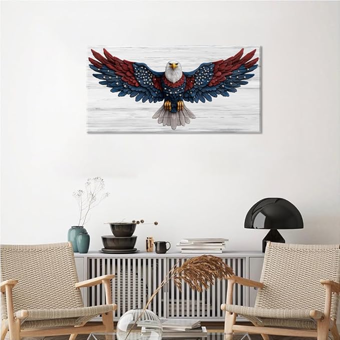 Bald Eagle Canvas Wall Art American Eagle Wall Décor -American Bald Red Blue Flag Canvas Wall Art Usa Independence Day Prints Painting Ready to Hang for Living Room, Bedroom, Office, Dorm 30L" x16''