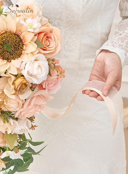 Serwalin 11 Inch Wedding Bouquets for Bride Bridesmaid, Champagne Bridal Bouquets for Bride, Wedding Flowers Bouquet Tossing Bouquet, Wedding Ceremony and Anniversary Day Decor