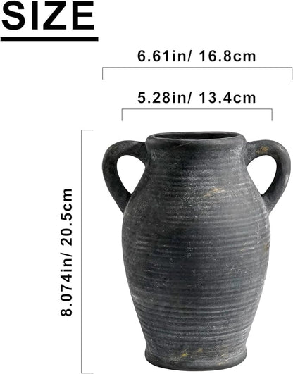 Sunddo Black Vases Home Decor, Rustic Farmhouse Ceramic Vase with 2 Handles, Vintage Stone Pottery Decorative, Living Room, Shelf Enterway, Wedding, Table Decor