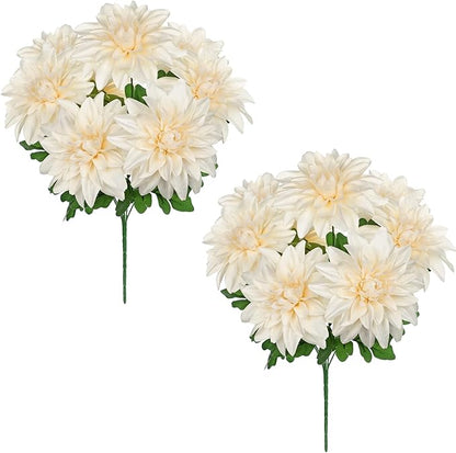 Hollyone 2Pcs White Artificial Dahlia Flowers Bush 7 Heads Silk Fake Dahlias Flowers with Stems Wedding Bouquets Faux Dahlia Flower Floral Arrangements for Outdoor Indoor Table Centerpieces Home Decor