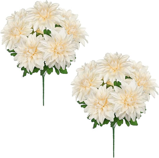 Hollyone 2Pcs White Artificial Dahlia Flowers Bush 7 Heads Silk Fake Dahlias Flowers with Stems Wedding Bouquets Faux Dahlia Flower Floral Arrangements for Outdoor Indoor Table Centerpieces Home Decor