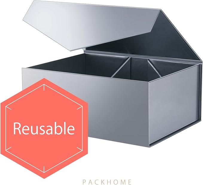 PACKHOME Gift Box 9x6.5x3.8 Inches, Rectangle Collapsible Box with Magnetic Lid for Gift Packaging (Glossy Gray)