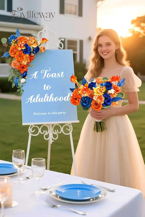 Faylifeway Artificial Flowers, Fall Orange and Red Silk Flowers for DIY Wedding Bridal Bouquets, Fall Fake Cake Flowers for Table Centerpieces Party Home Decorations
