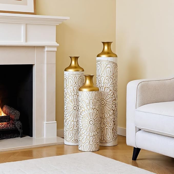 Floor Oversized Gold Metal Decorative Vase with 3D Triangle Pattern Set of 3 Large Vases for Home Living Room 33.5 ", 29.5 ", 25.2" High (White+Matte Gold)
