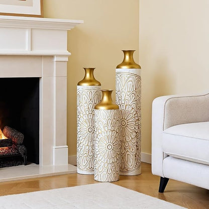 Floor Oversized Gold Metal Decorative Vase with 3D Triangle Pattern Set of 3 Large Vases for Home Living Room 33.5 ", 29.5 ", 25.2" High (White+Matte Gold)