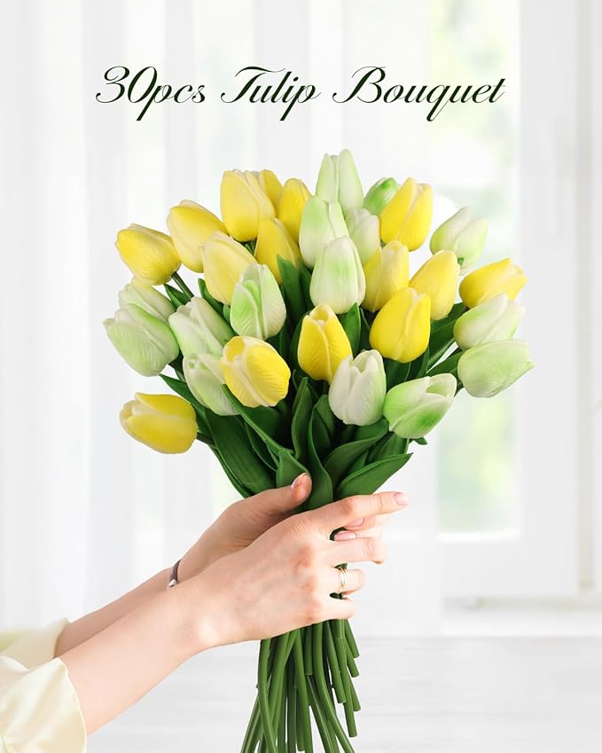 MACTING 30 PCS Artificial Tulip Flowers 13.7" Real Touch Fake Flowers Faux PU Tulips for Floral Arrangement Table Centerpieces Kitchen Home Indoor Outdoor Summer Decorations(Mix Green)