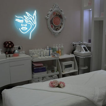 Woman Face Neon Sign Nails Finger LED Signs Lady Lash Neon Light Blue Dimmable Nail Gesture Neon Wall Sign for Bedroom Girls Room Beauty Salon Decor Aesthetic Wall Art Gifts