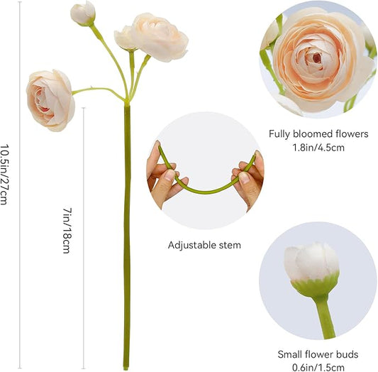 24 Pcs Ranunculus Artificial Flowers 10.5", Mini Faux Silk Ranunculus with Stem, Fake Flowers for Home Decor Indoor Wedding Bouquets Centerpieces (Champagne)