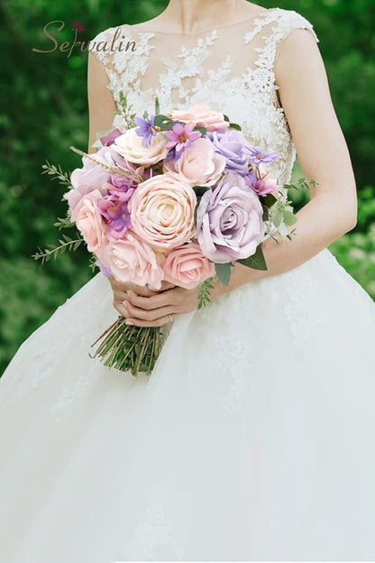Serwalin Artificial Flowers Fake Silk Flowers Combo Realistic Mixed Roses Box for DIY Wedding Bridal Bouquets Centerpieces Arrangements Faux Flowers with Stems Home Party Decoration, Pink&Lilac