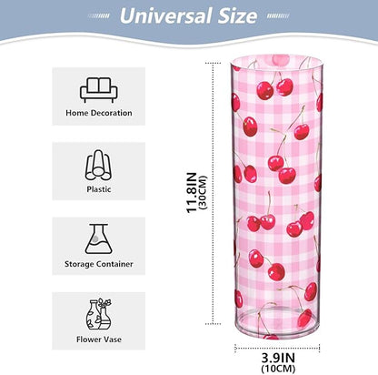 Flower Vase Clear Plastic Cylinder Vases Decor for Centerpieces Home Storage Office Weddings Pink Juicy Checkered Cherry 11.8 x 3.9 in