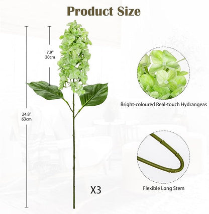 Artificial Hydrangea Flowers Real Touch – 3PCS 24.8" Faux Cone Hydrangea Stems for Tall Vases, Home Décor, Wedding Centerpieces, Floral Arrangements – Fresh Green