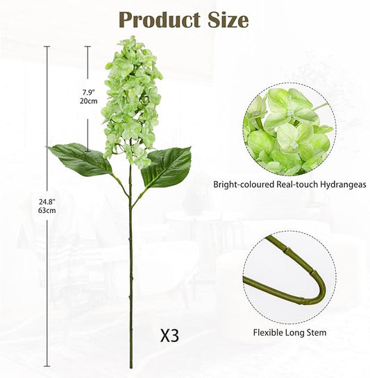 Artificial Hydrangea Flowers Real Touch – 3PCS 24.8" Faux Cone Hydrangea Stems for Tall Vases, Home Décor, Wedding Centerpieces, Floral Arrangements – Fresh Green