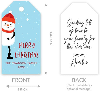 Andaz Press Personalized Christmas Holiday Season Classic Gift Tags, Merry Christmas Custom Family Name and Year, Snowman with Stars Design, for Holiday Events, Parties, and Favors, 60-Pack