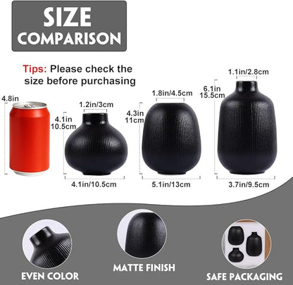 Black Ceramic Vase Set of 3, Minimalist Decor, Home Decorative Vase, Modern Ribbed Vases, Black Vase Set for Kitchen, Bedroom, Office, Living Room, Bathroom, & Shelf Centerpiece Table Decoration