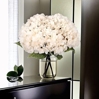 2Bouquets Artificial Fake Flowers Plants Silk Hydrangea Arrangements Wedding Bouquets Decorations Plastic Floral Home Kitchen Garden Party Festival Bar DIY (Ivory White, 5 Flower Heads)