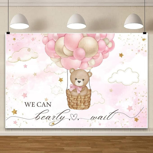ChloropLastid We Can Bearly Wait Baby Backdrop Girl Bear Hot Air Balloon Baby Shower Photography Background Pink Balloons Clouds Stars Baby Party Cake Photo Decoration 7x5ft