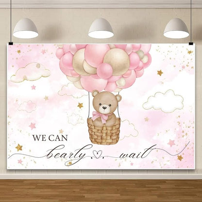ChloropLastid We Can Bearly Wait Baby Photo Backdrop 8x6ft Pink Hot Air Balloon Bear Background for Baby Balloons Clouds Stars Girl Baby Shower Newborn Party Cake Photo Decoration