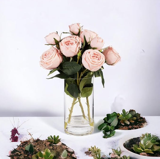 ENOVA FLORAL 9 Heads Silk Rose Artificial Flowers in Vase,Faux Rose Flowers Arrangement in Vase with Faux Water for Table Decor Centerpieces (Light Pink)