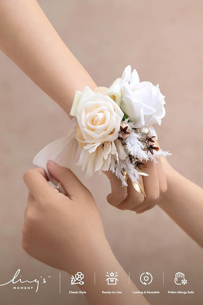 Ling's moment 6pcs Wedding Wrist Corsage Artificial Flowers, Girl/Mother Homecoming Prom Corsages Wristlet Décor, etc. Boho White Nude