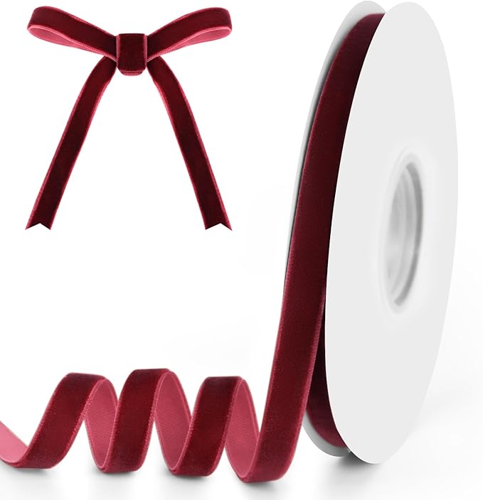 3/8" Wide x 10 Yards Velvet Ribbon, Vintage Single Face Velvet Ribbons for Gift Wrapping, Christmas Wrapping Bows, Wedding Decor, Sewing and More (Burgundy)