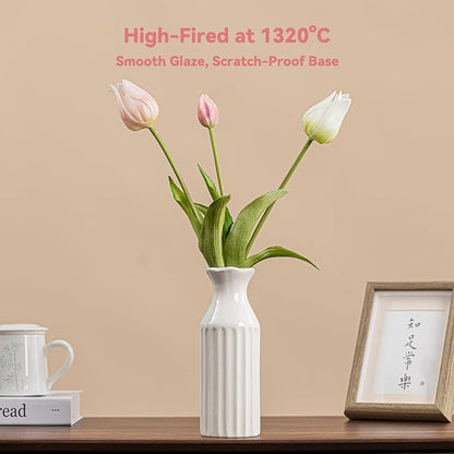 White Ceramic Vase - 8.3" Unique Flower Vase with Vertical Ribbed Texture, Decorative Boho/Farmhouse Vase for Living Room, Office Desk & Housewarming Gift (for Her/Yourself)