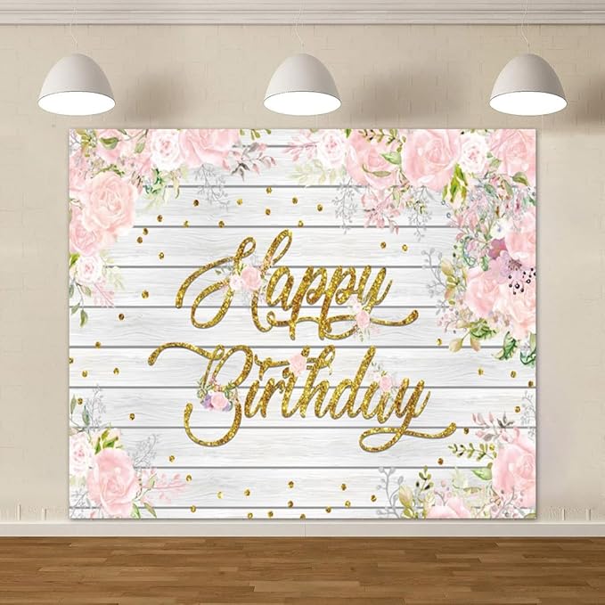 Rustic Wood Flower Happy Birthday Backdrops, 10x8ft, Pink Floral Birthday Photography Backgrounds Sign Banner Party Decorations for Girl Women