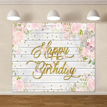 Rustic Wood Flower Happy Birthday Backdrops, 10x8ft, Pink Floral Birthday Photography Backgrounds Sign Banner Party Decorations for Girl Women