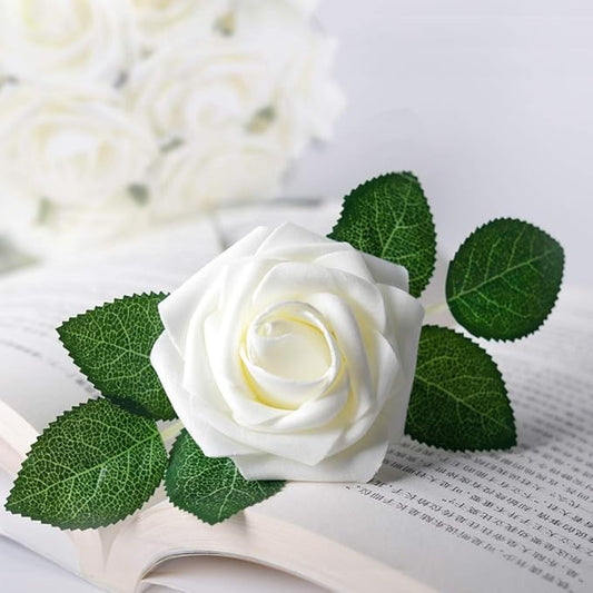 Mocoosy 50Pcs White Rose Artificial Flowers, Ivory Roses for Decorations, Real Touch Fake Rose with Stems Bulk DIY Wedding Bouquet Bridal Shower Centerpiece Faux Floral Arrangement Party Home Decor
