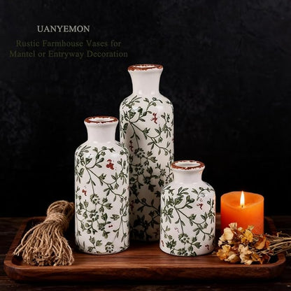 Ceramic Vase Set of 3 - Modern Chinoiserie Green Floral Decorative Vases for Home Decor, Rustic Farmhouse Boho Vases for Living Room, Mantel, Dining Table, Bookshelf, Kitchen or Entryway Decoration