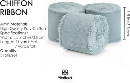 Vitalizart Dusty Blue Handmade Chiffon Silk Ribbon Fringe 3 Rolls 1.5" x 21 Yd Frayed Edges Ribbons for Wedding Invitations Bridal Bouquets Gifts Wrapping Crafts Holiday Decor