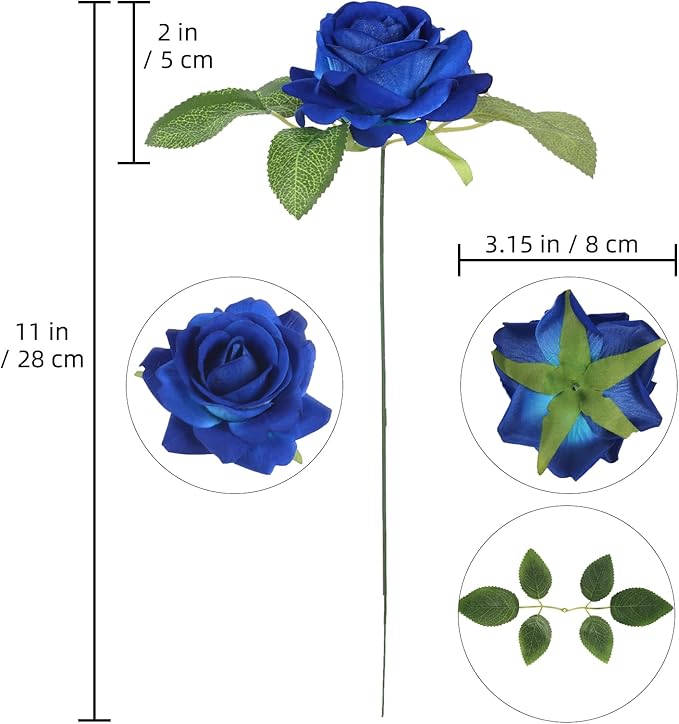 Blue Roses Artificial Flowers 16pcs Royal Blue Flowers Artificial Roses with Stems 3.15" Fake Roses for Bridal Bouquet Wedding Flowers for Floral Centerpieces